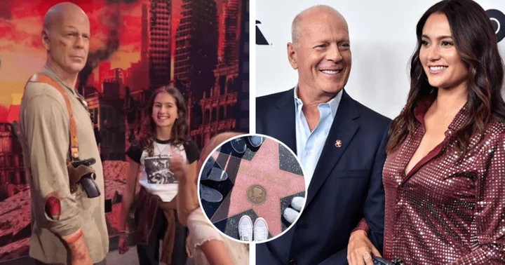 Bruce Willis' daughter happily screams 'it's dad' as Emma Hemming leads family trip to see actor's wax statue and Hollywood star