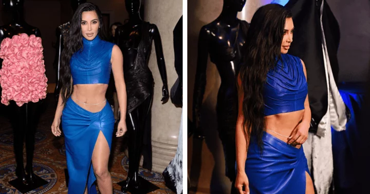 Kim Kardashian flaunts her taut stomach and legs in a tight blue outfit at benefit gala in NYC