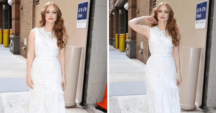 Jessica Chastain glows in elegant white lace dress for appearance on 'Live with Kelly and Mark' in NYC