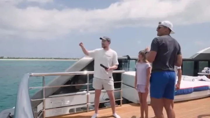 Mind-blowing moment Tom Brady smashes Mr Beast's drone out of air on $300m yacht