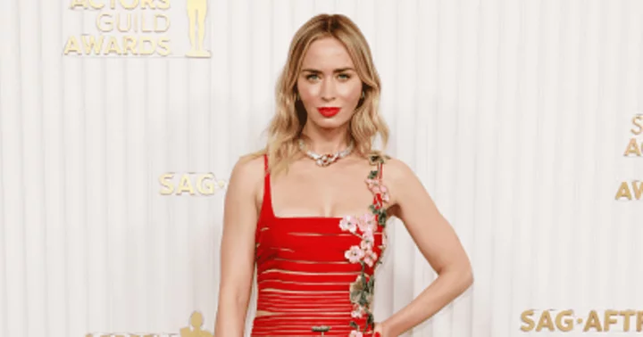 Emily Blunt stuns in elegant red midi dress as she hosts stuttering charity event in New York City