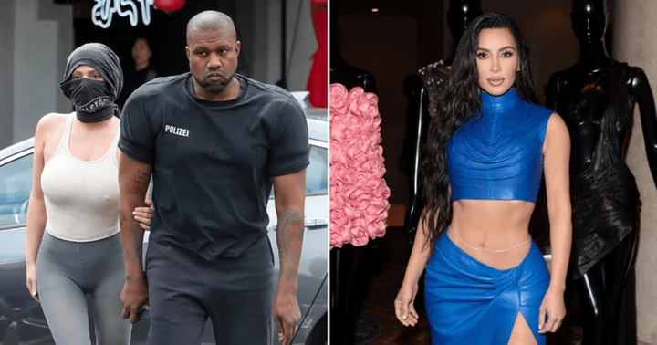Kanye West dons edgy shoulder pads and blue socks as Kim Kardashian accuses him of spreading Drake rumor