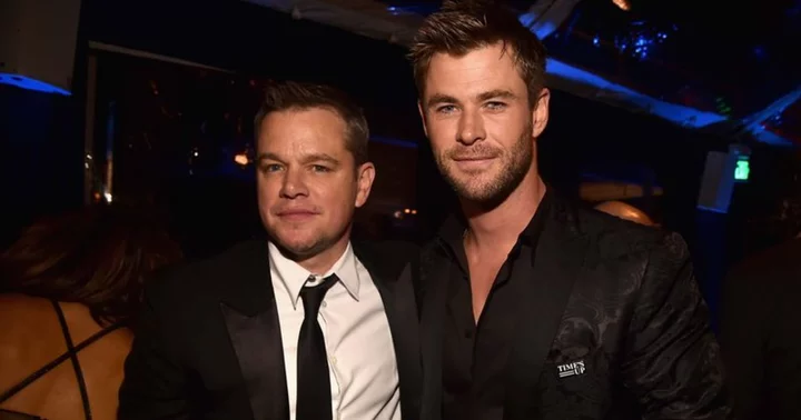 Chris Hemsworth and longtime friend Matt Damon hug each other as they reunite for dinner in Santa Monica